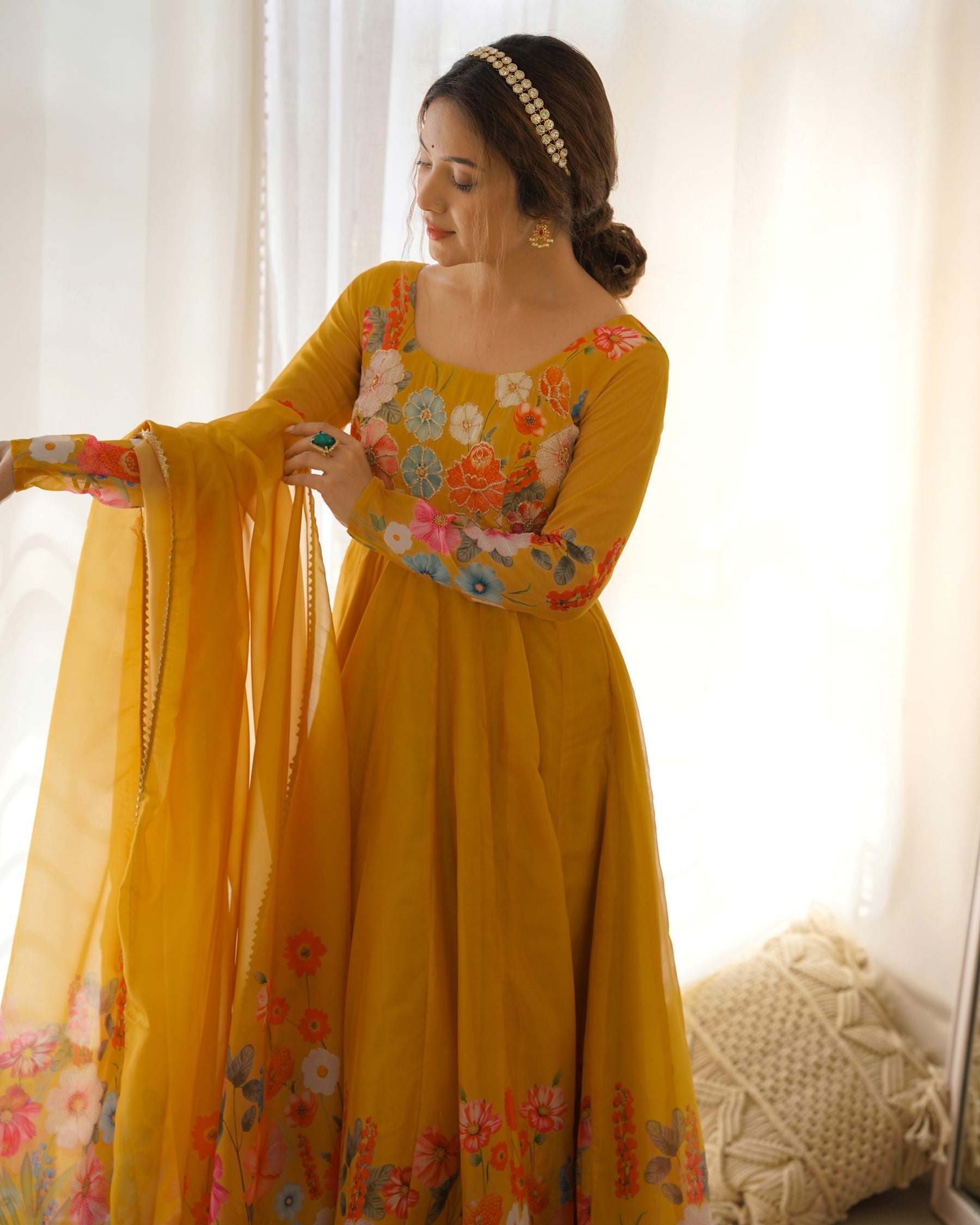 Yellow Color Floral Print Organza Three Piece Anarkali Suit For Women