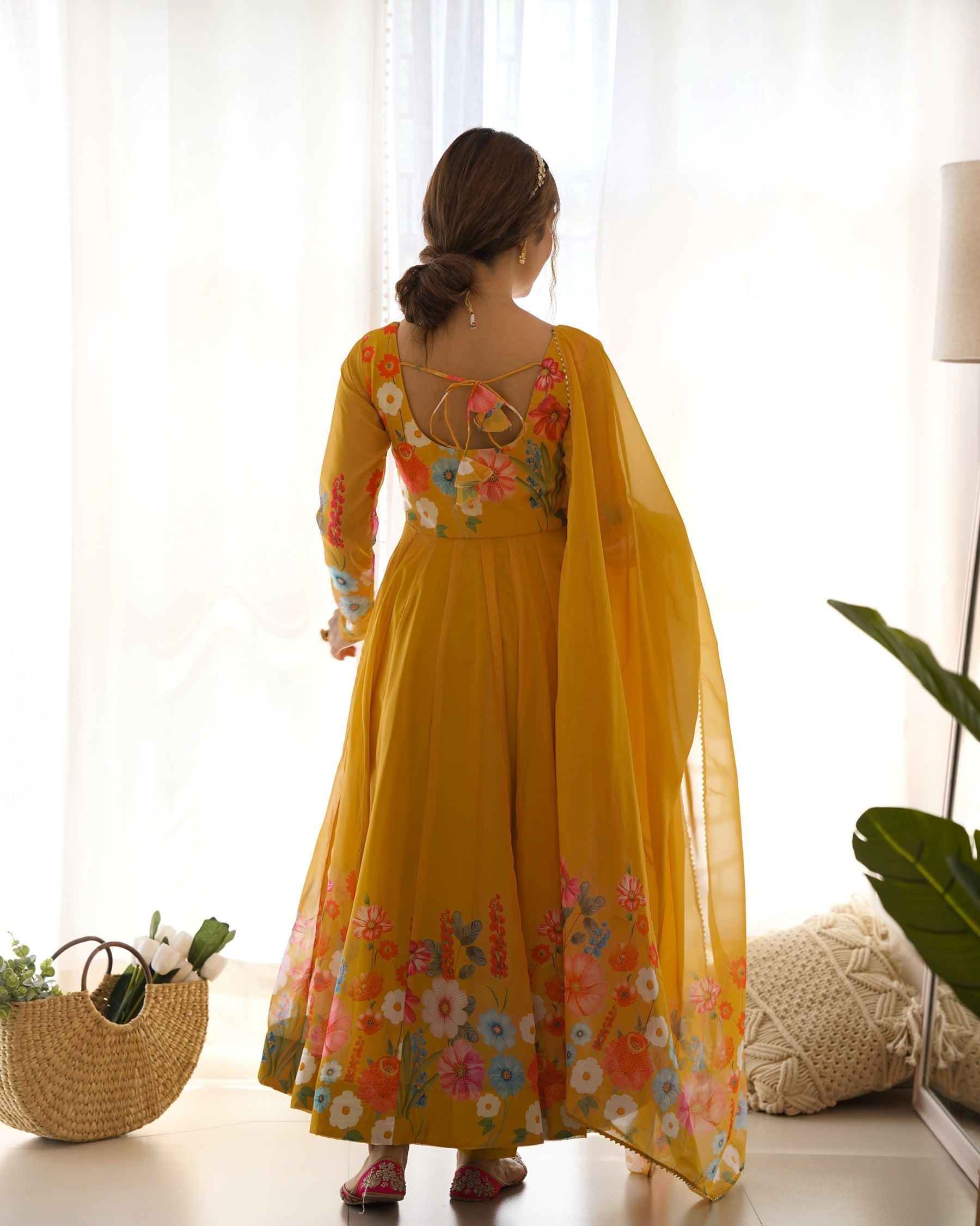 Yellow Color Floral Print Organza Three Piece Anarkali Suit For Women