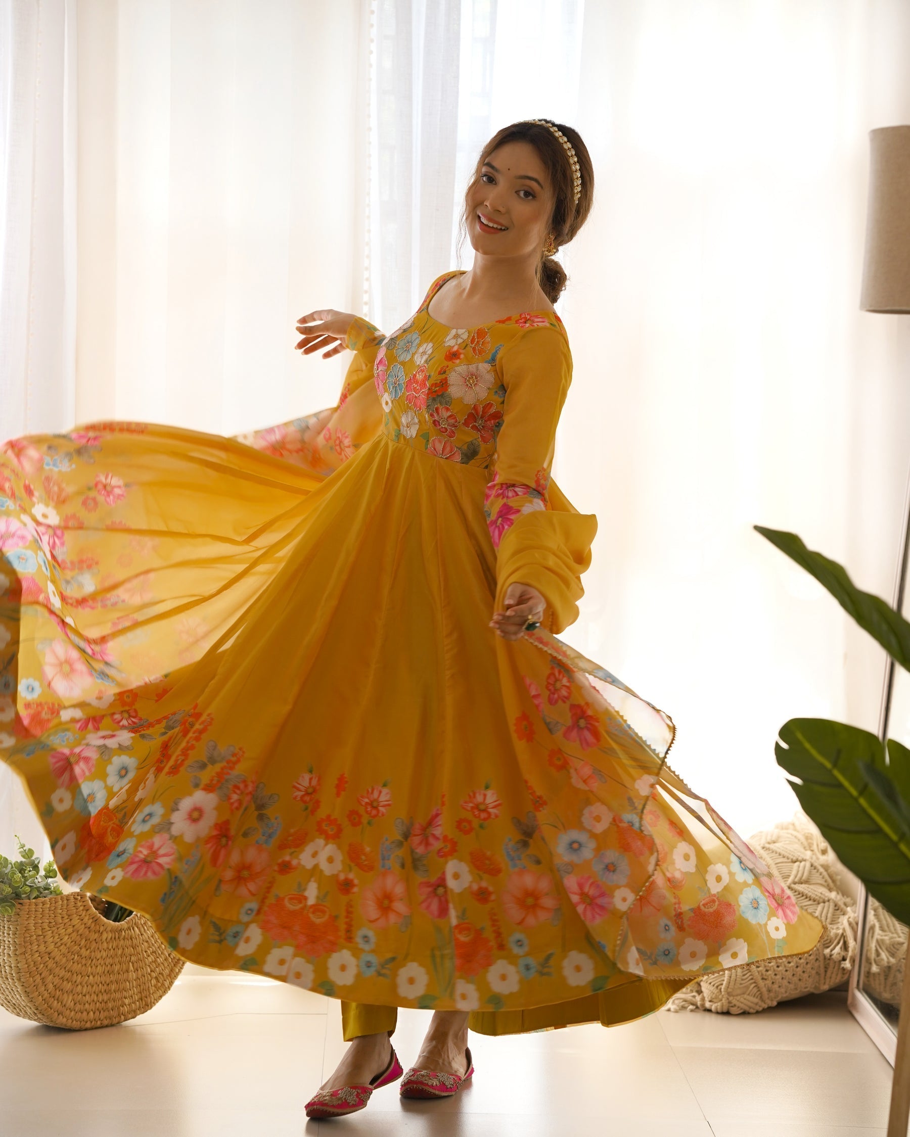 Yellow Color Floral Print Organza Three Piece Anarkali Suit For Women
