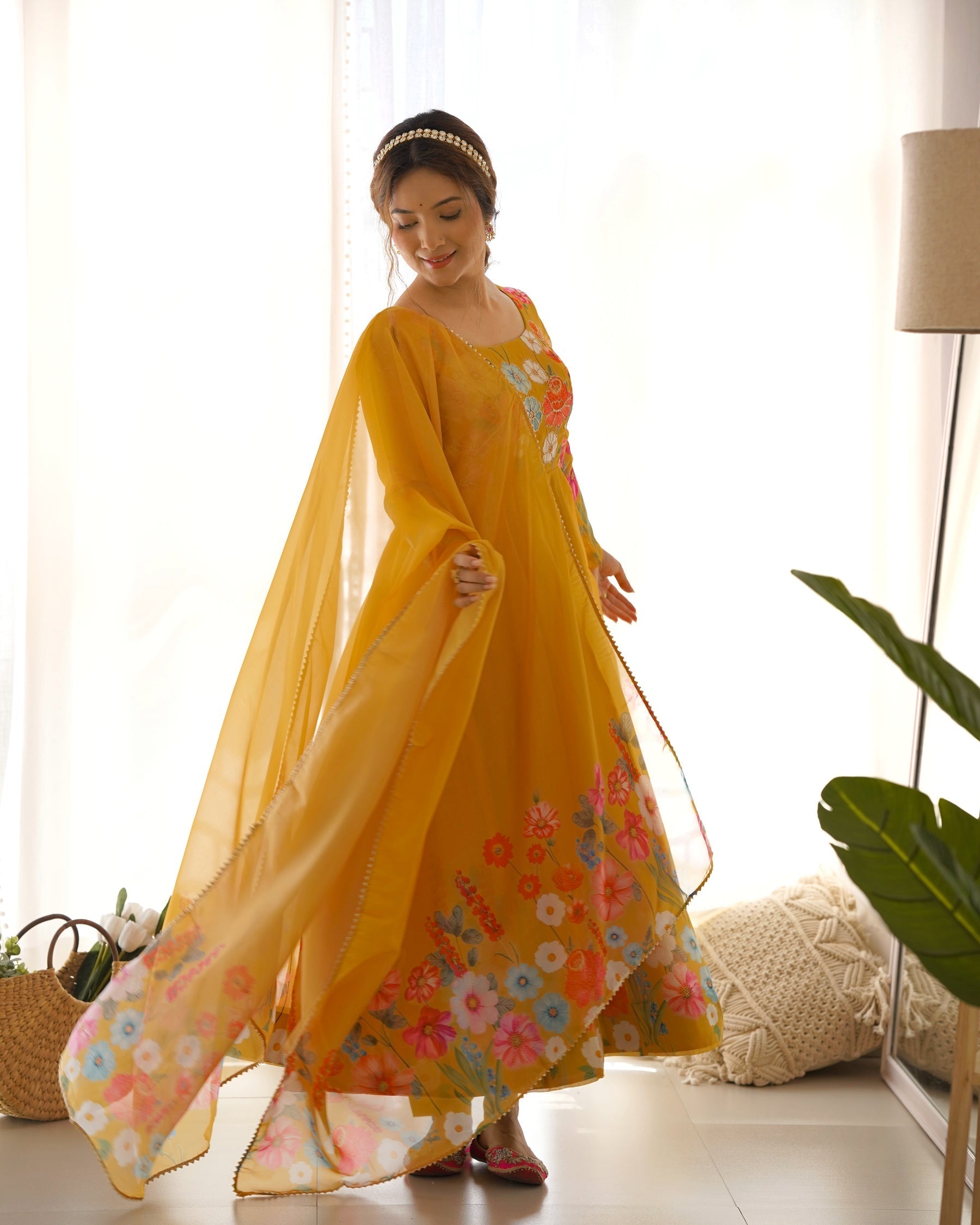 Yellow Color Floral Print Organza Three Piece Anarkali Suit For Women
