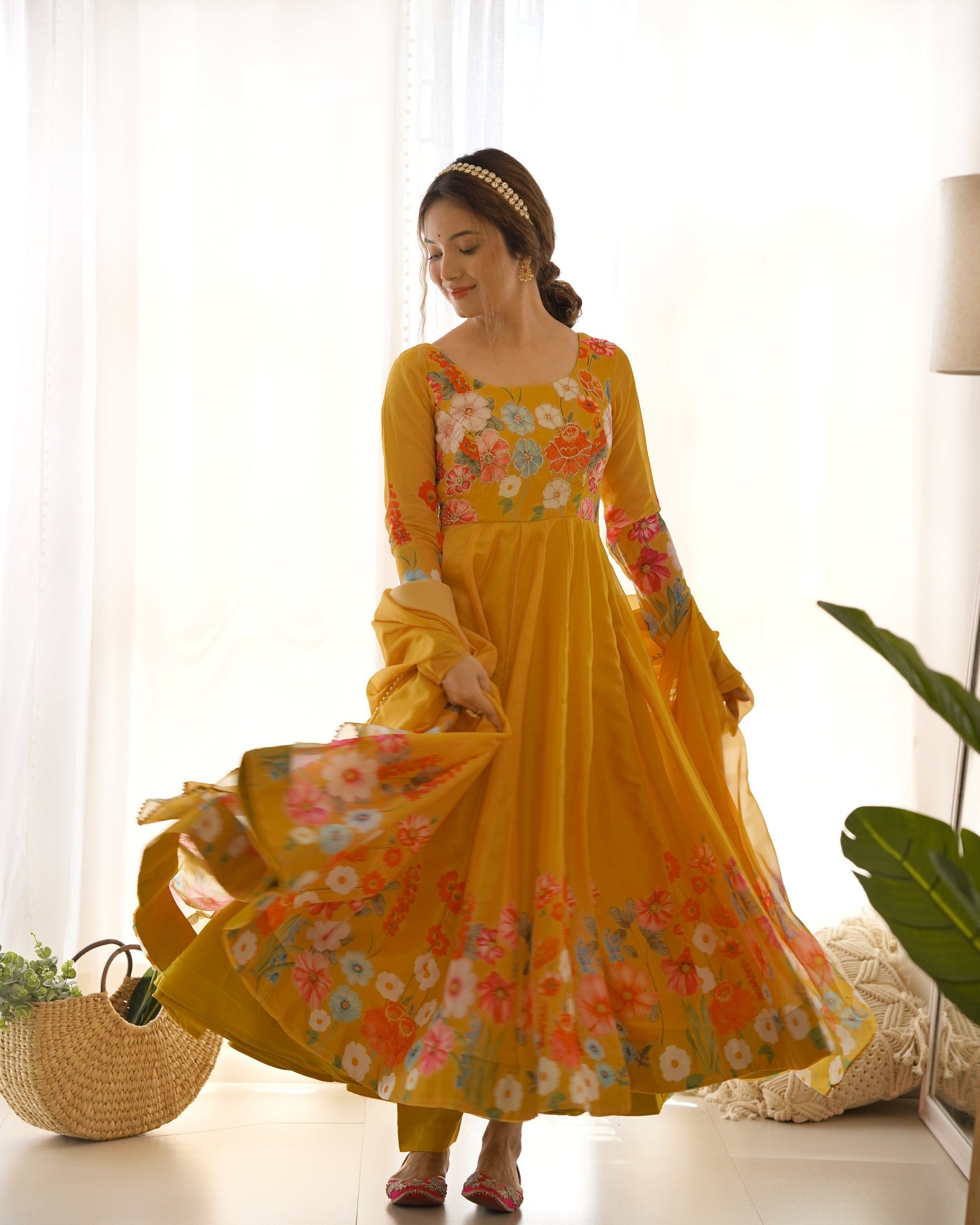 Yellow Color Floral Print Organza Three Piece Anarkali Suit For Women