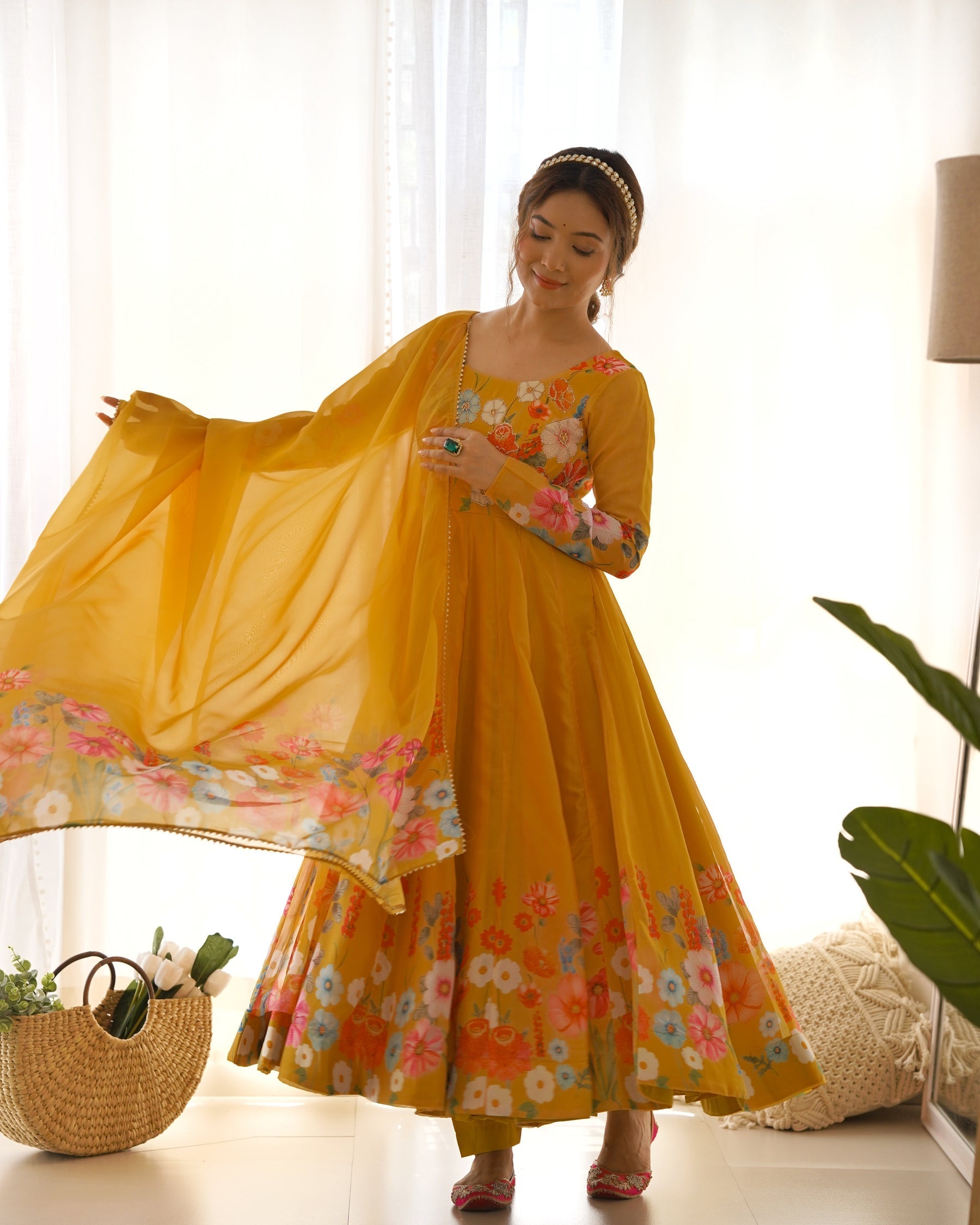 Yellow Color Floral Print Organza Three Piece Anarkali Suit For Women