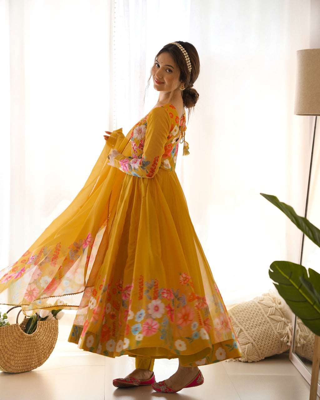 Yellow Color Floral Print Organza Three Piece Anarkali Suit For Women