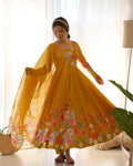 Yellow Color Floral Print Organza Three Piece Anarkali Suit For Women