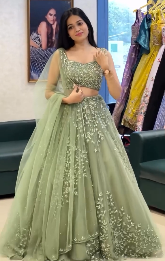 Soft Net Pista Green Color Lehenga Choli Set | Lehenga For Women | Wedding Outfits For Women